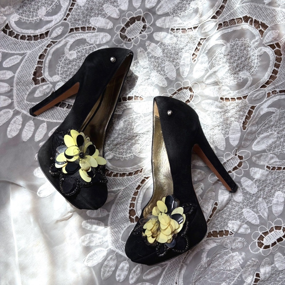 Y2K Just Cavalli Black Suede Floral Sequin Platform Pumps Heels Italy Size 35